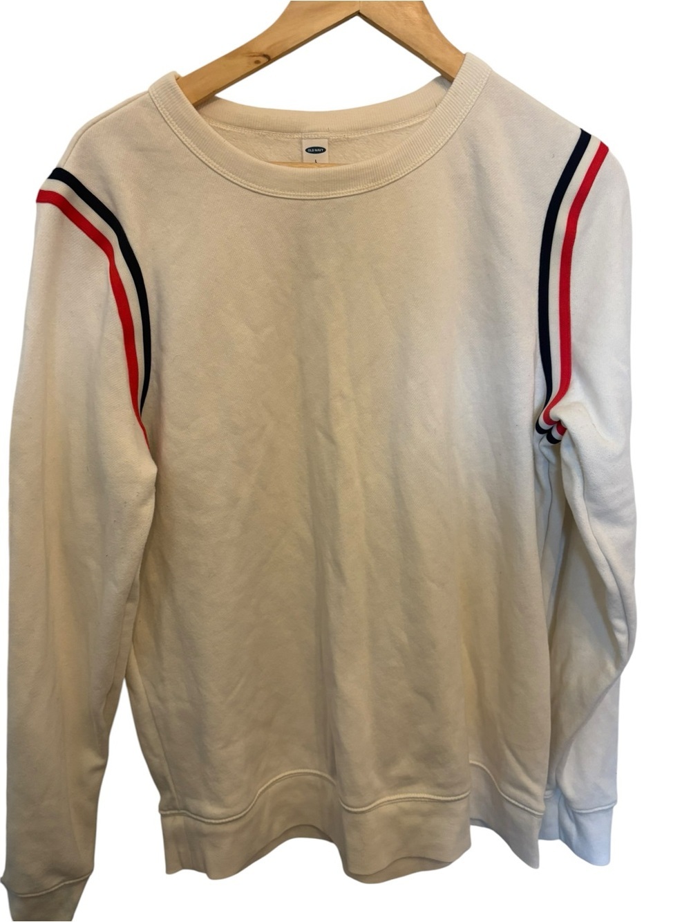 Old Navy Women's Cream Crewneck Sweater with Red & Navy Shoulder Stripes